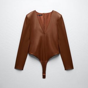 NWT ZARA FAUX LEATHER BODYSUIT Light brown CAMEL